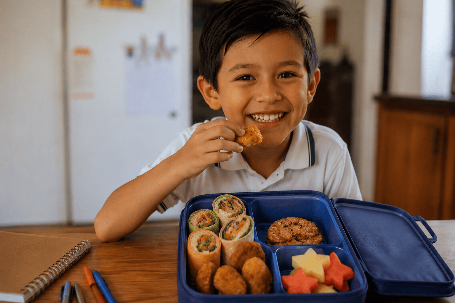 Niño feliz con lonchera saludable
